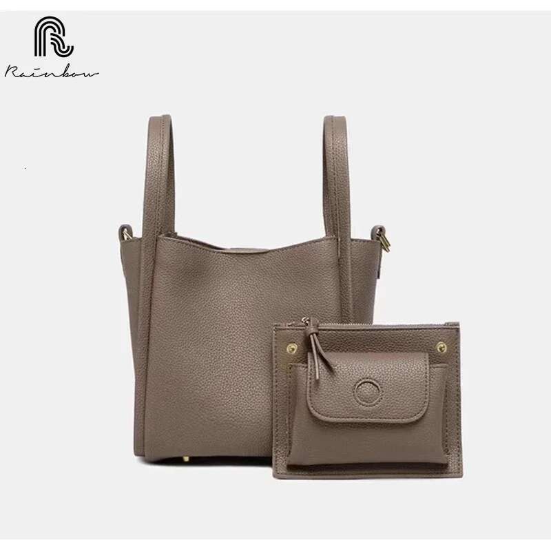 RAINBOW Fashion Women genuine leather New Tide Versatile Solid Color Simple Large Capacity Lock Catch Bucket Bag