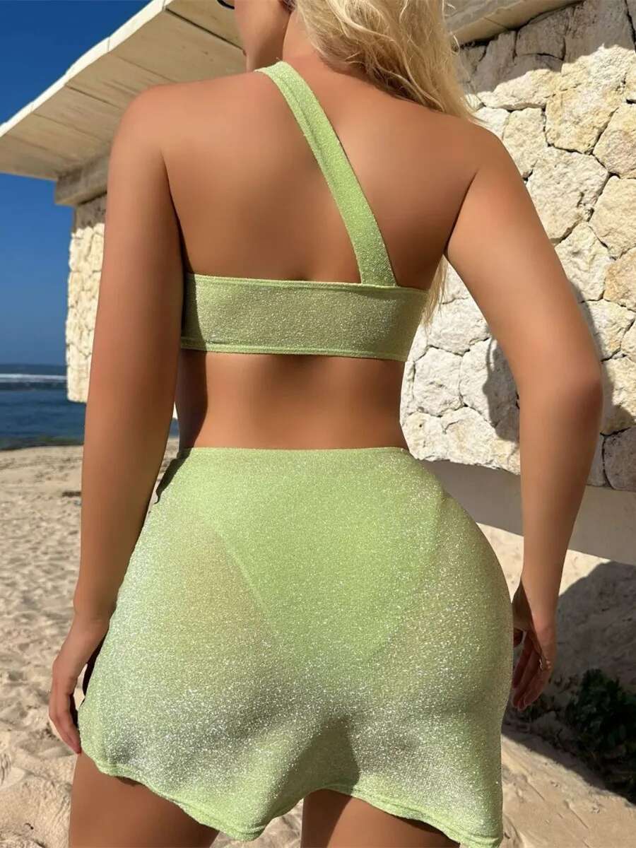 Dongdumaoyi Pieces Bikini Set With Skirt High Waist Swimsuit Women Sexy One Shoulder Front Bow Green Bikinis Beach Bathing Suit Swimwear