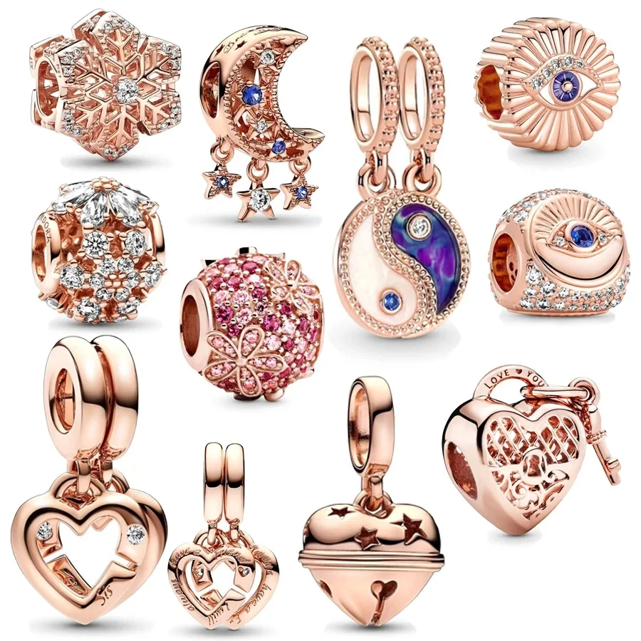 Rose Gold-plated Love You Heart Padlock Snowflake Charm Beads Suitable for Bracelets DIY Jewelry Gifts