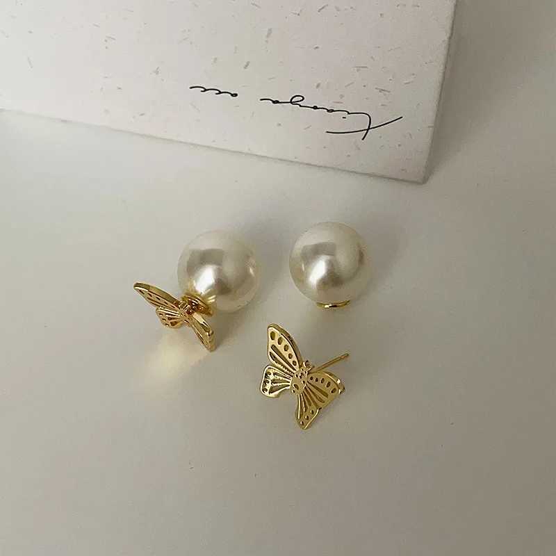 French Style Light Luxury Elegant Butterfly Imitation Pearl Stud Earrings For Women Fashion Sweet Metal Jewelry Party Gifts Y250401