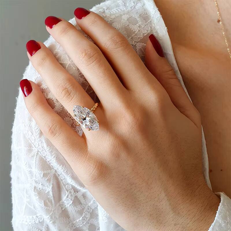 Luster 10K14K18K Yellow Gold Twisted Band Single Big Gemstone Marquise Cut Moissanite Ring for Women