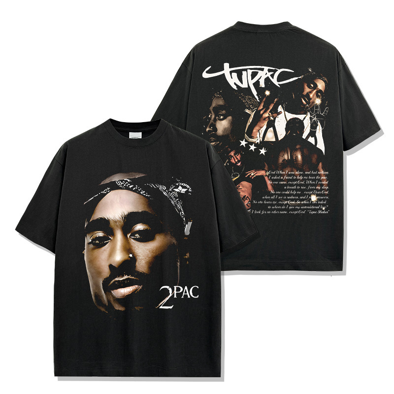 American tupac printed short sleeved t-shirt Vintage loose round neck hooded sweatshirt for men and women