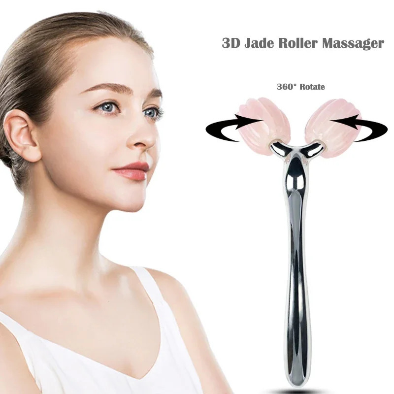 r 3D Face Lift Roller Massager Facial Massage 360 Rotate Natural Stone Rose Quartz Jade Roller for Face Slimming 251030