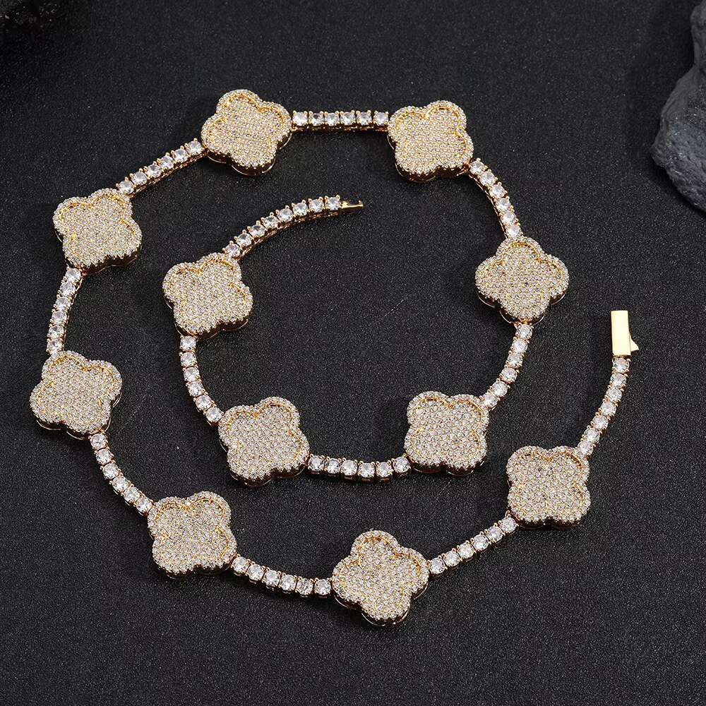 Hip Hop Fine Jewelry Four-Leaf Clover Tennis Chain Necklace Women 18K Gold Plated 3a Zircon Iced Out Bling Diamond Chain