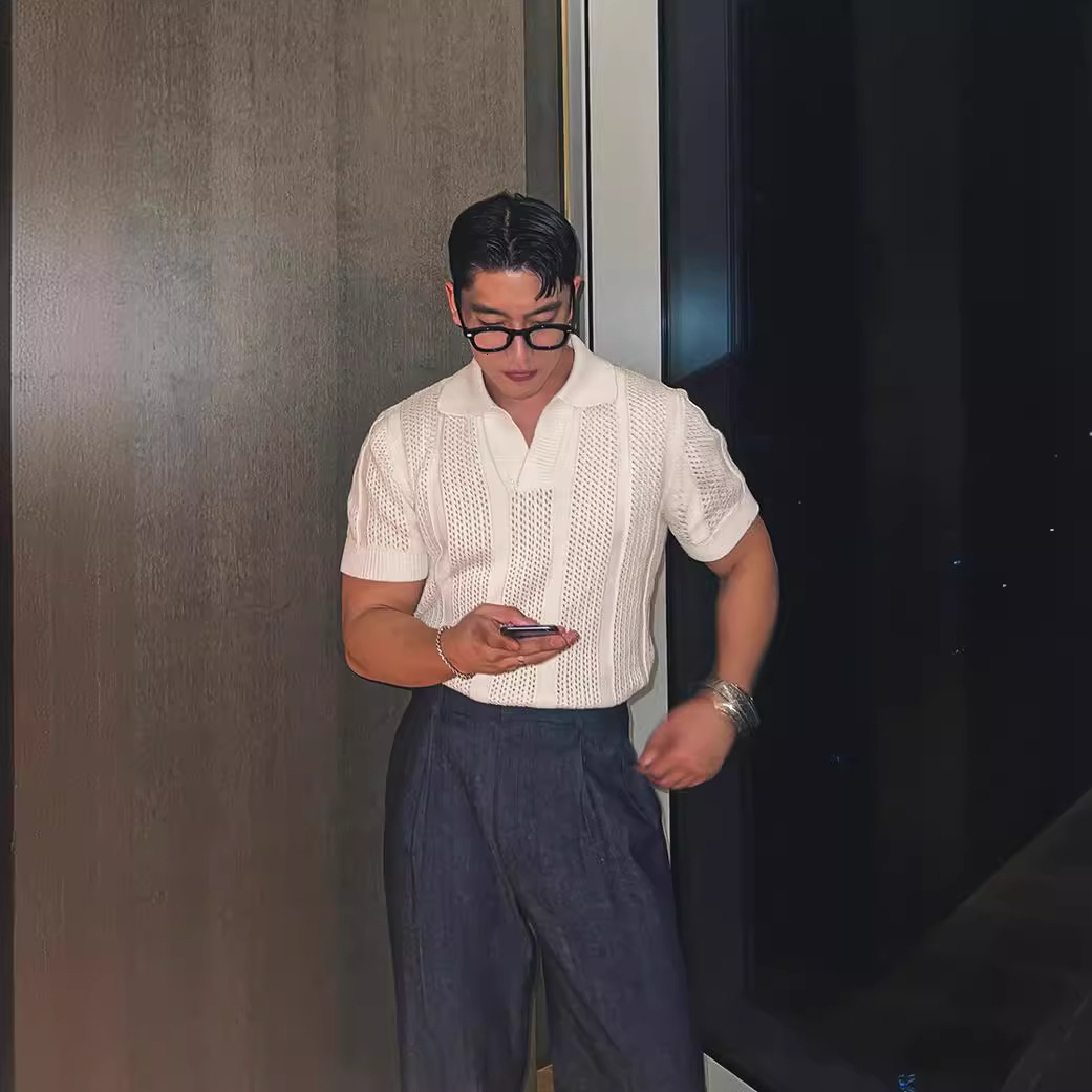 Perforated Mesh Texture Fine Knit Short Sleeve Polo Shirt T-shirt Men Summer Korean Style Mature Top Designer T-shirt Tee Shirt