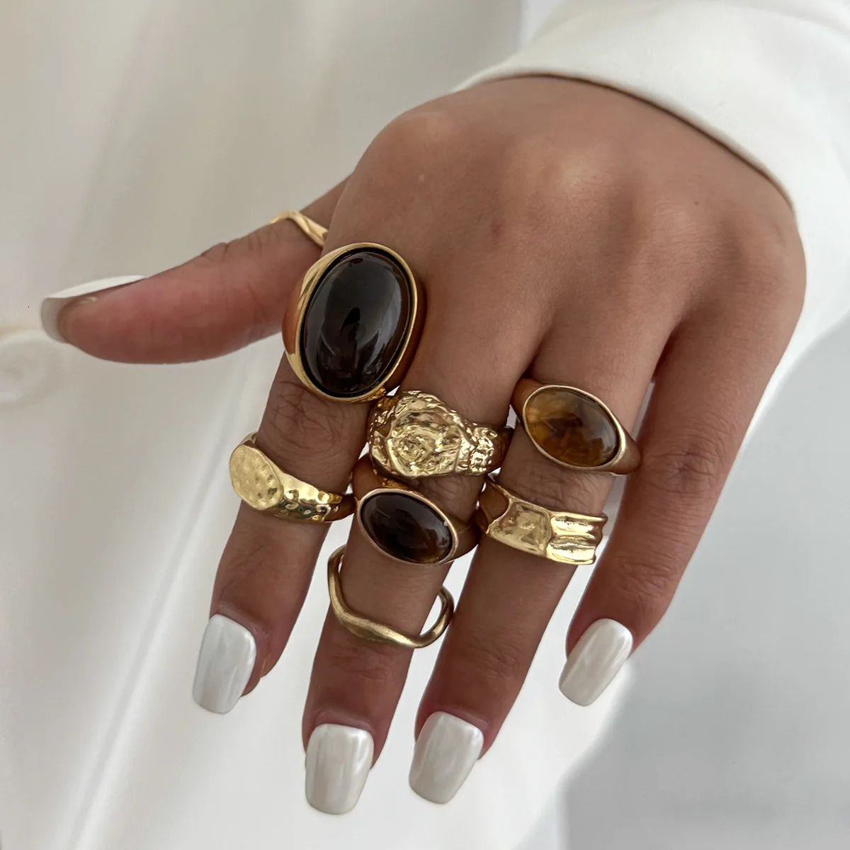 8PcsSet Vintage Brown Stone Open Rings for Women Geometric Irregular Texture Index Finger Rings Set Simple Jewelry Accessories 251031
