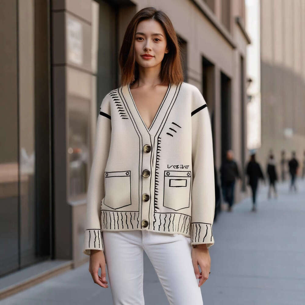 2025 Spring Autumn New Loose Lazy Style Sweater for Women with Pockets in Black and White Oversized Knitted Cardigan Jacket
