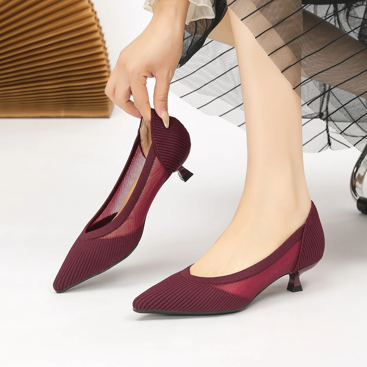 Womens high heels knitted breathable mesh fashionable and comfortable lightweight shoes for spring summer 250402BJ - view 4