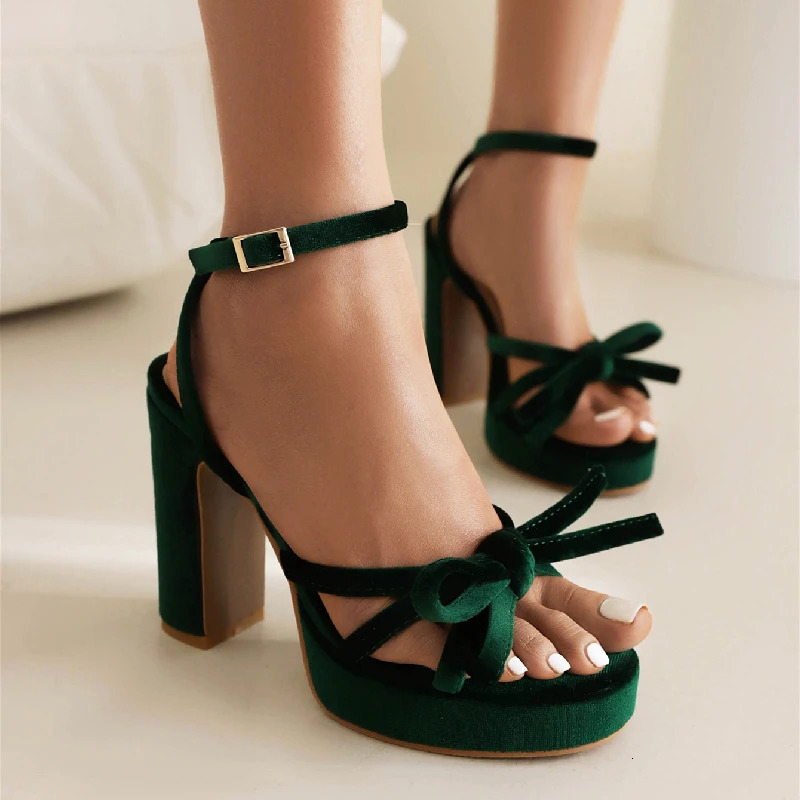 Velvet High Heels Sandals Women Summer Shoes Ankle Straps Fashion Flip Flops Black Red Green Heeled Party Wedding Shoe Female 251030
