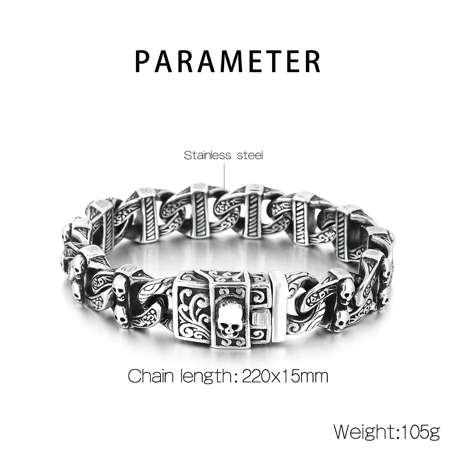 15mm Skull Bone Charm Link Chain Bracelet For Men 316L Stainless Steel Punk Jewelry 251028