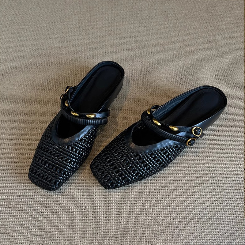 Sheepskin version ~ French hollow woven sandals women's outer penetration breathable toe half slippers small heightened sandals