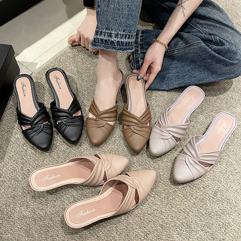 New Designer Sandals With Free Shipping New Summer Fashion Solid Color Pointed Half Drag Casual Outer Wear Thick Women's Shoes With Hollowed Out 