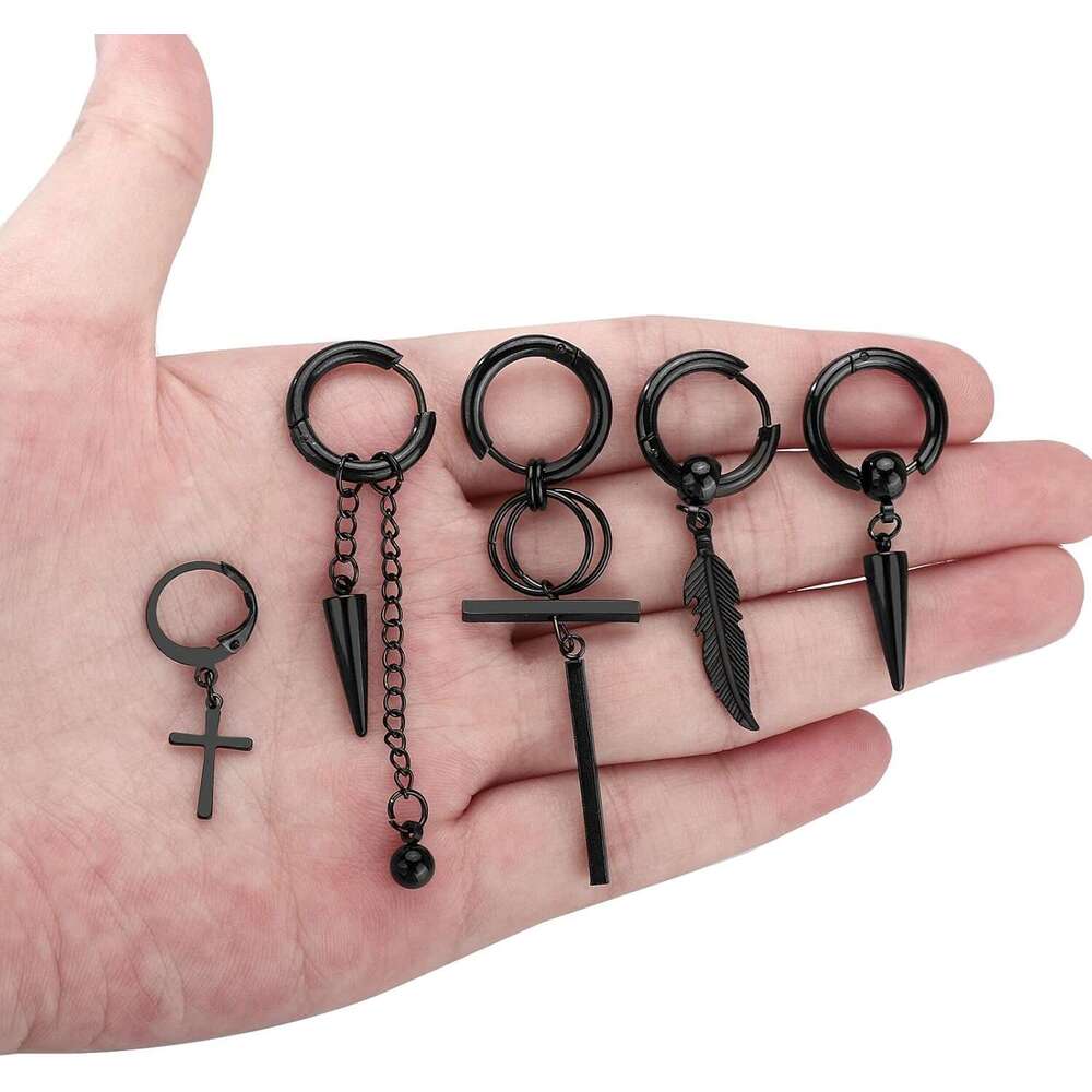 Cross Dangle Men 20 Pieces, Stainless Steel Stud Hinged Hoop Earrings, Long Chain Kpop Earrings for Women, Black and Sier