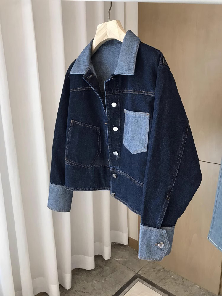 Color blocked denim jacket for women early spring 2024 new item casual loose short lapel dark blue jacket for women 230726