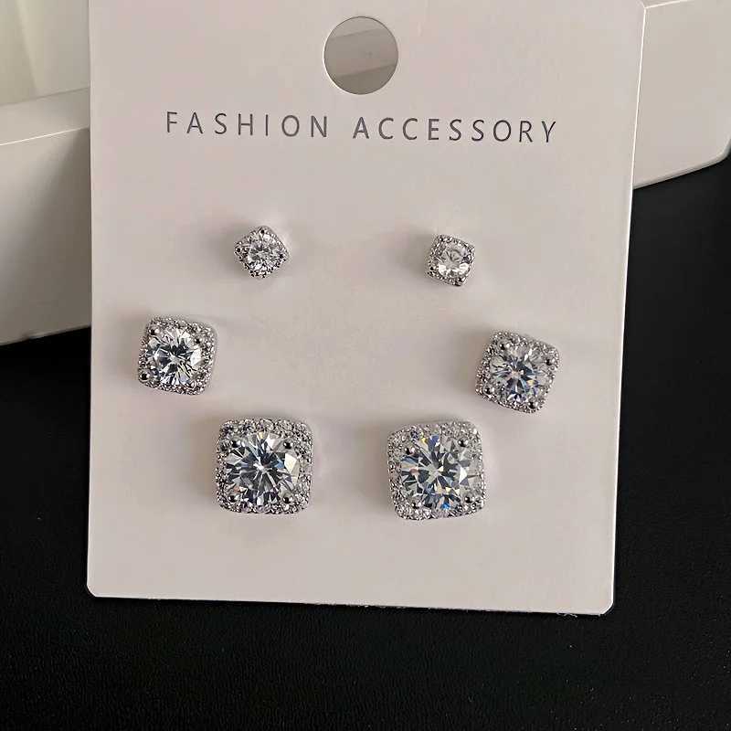 Light Luxury Elegant Simple One Card Three Pair Square Geometric Stud Earrings For Women Fashion Simple Crystal Jewelry Gifts Y250401