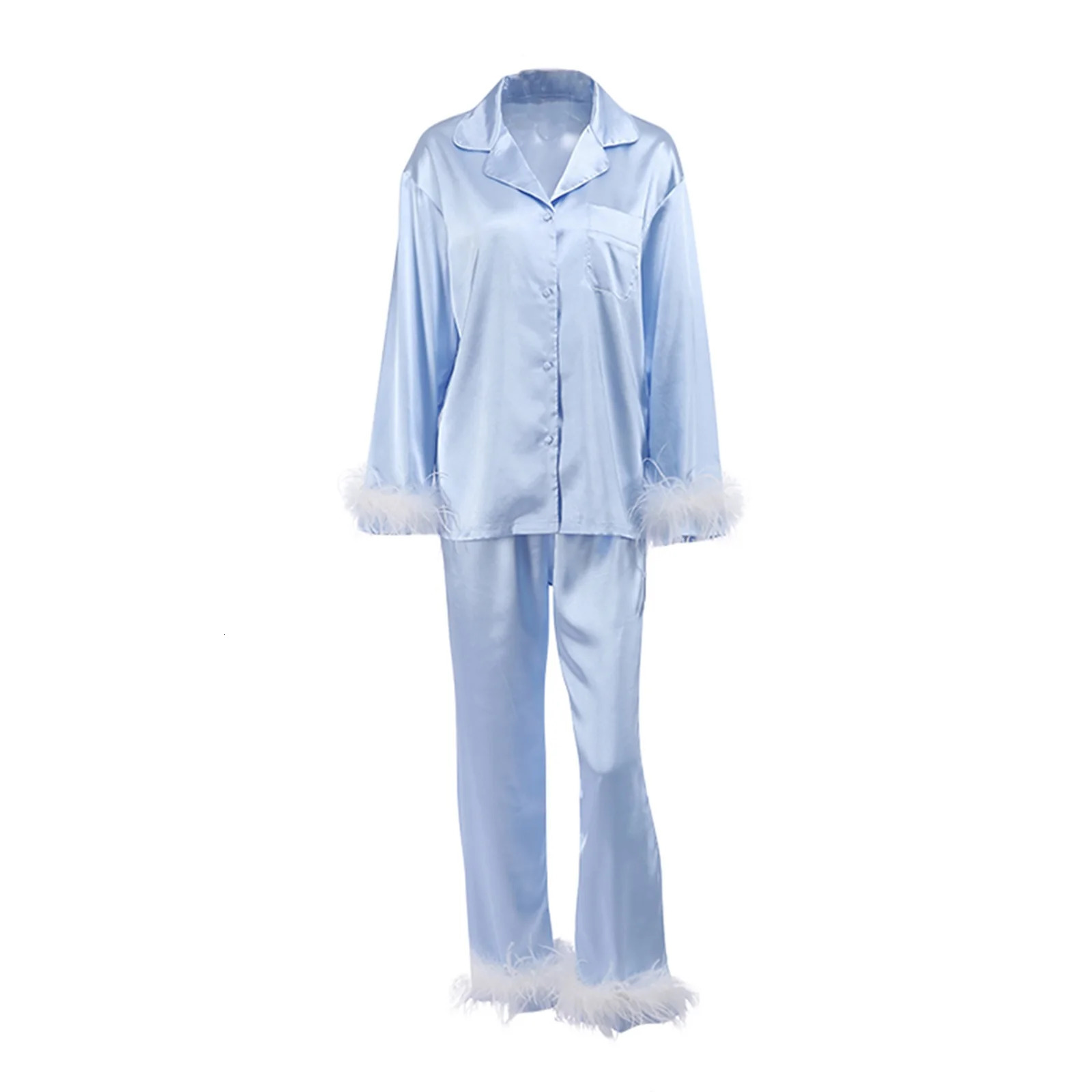 Women Spring Fall Soft Pajamas Sets Fur Feather Trim Long Sleeve Button Satin Silk Shirts Pants Loungewear Sleepwear Homewear 251028