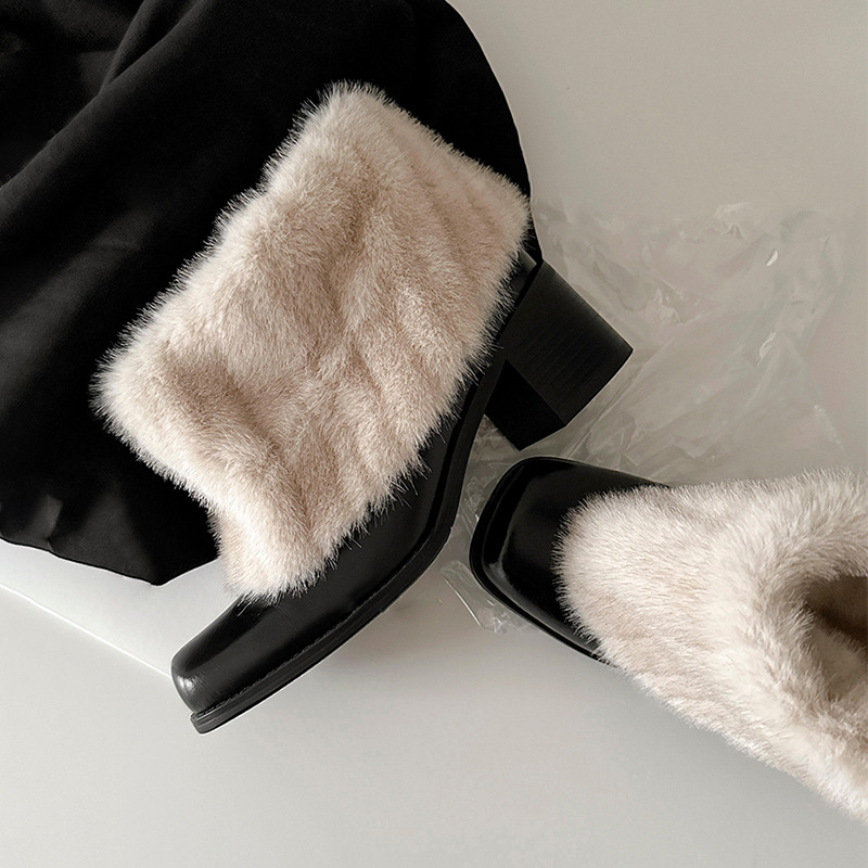 2025 Cowhide version ~ square toe high heel wool boots plush warm retro boots plush snow boots women's versatile cotton shoes