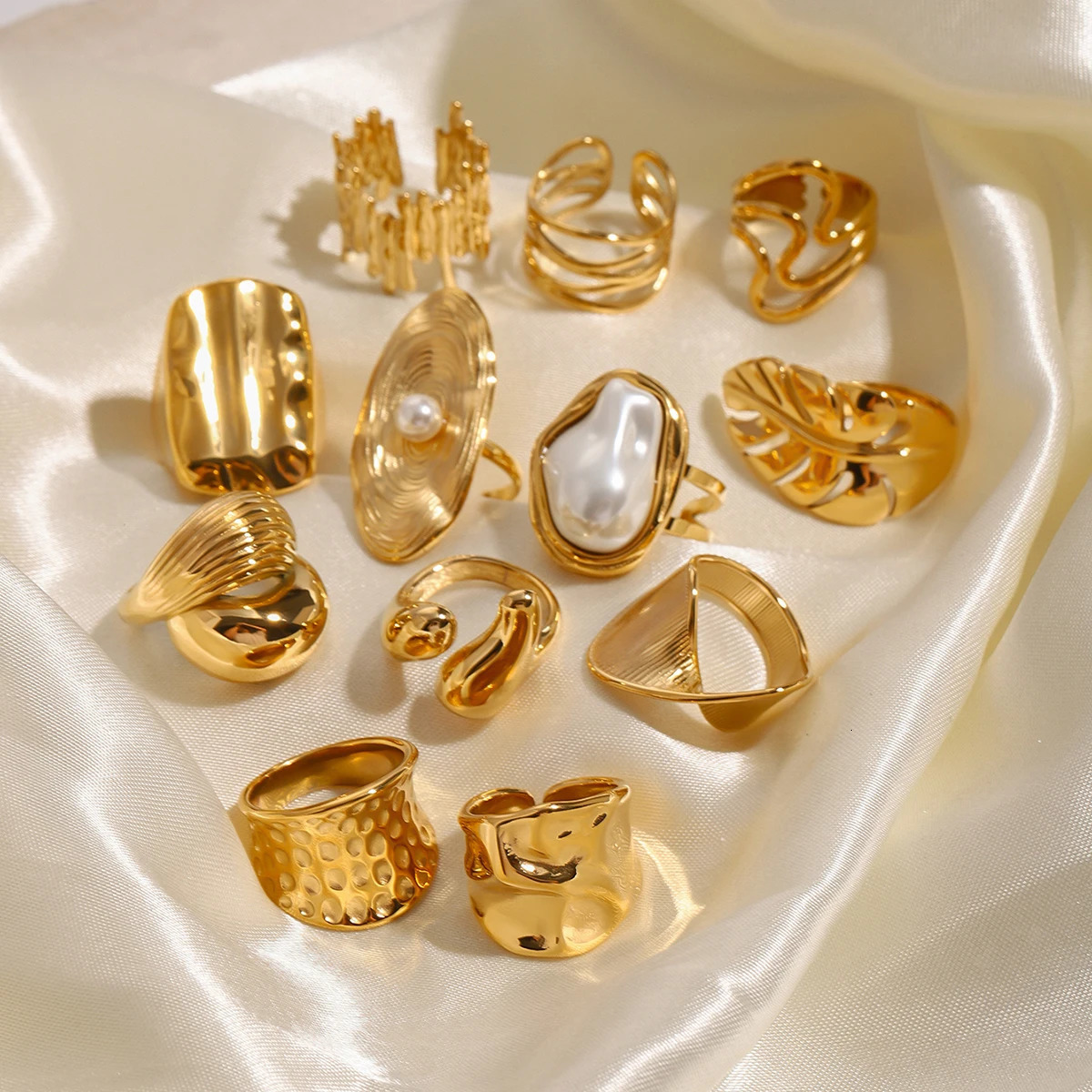 Uworld Fashion Pearl Leaf Ring Stacked Texture Strip Gold Color Adjustable Ring Womens Jewelry Gift For Her 251031