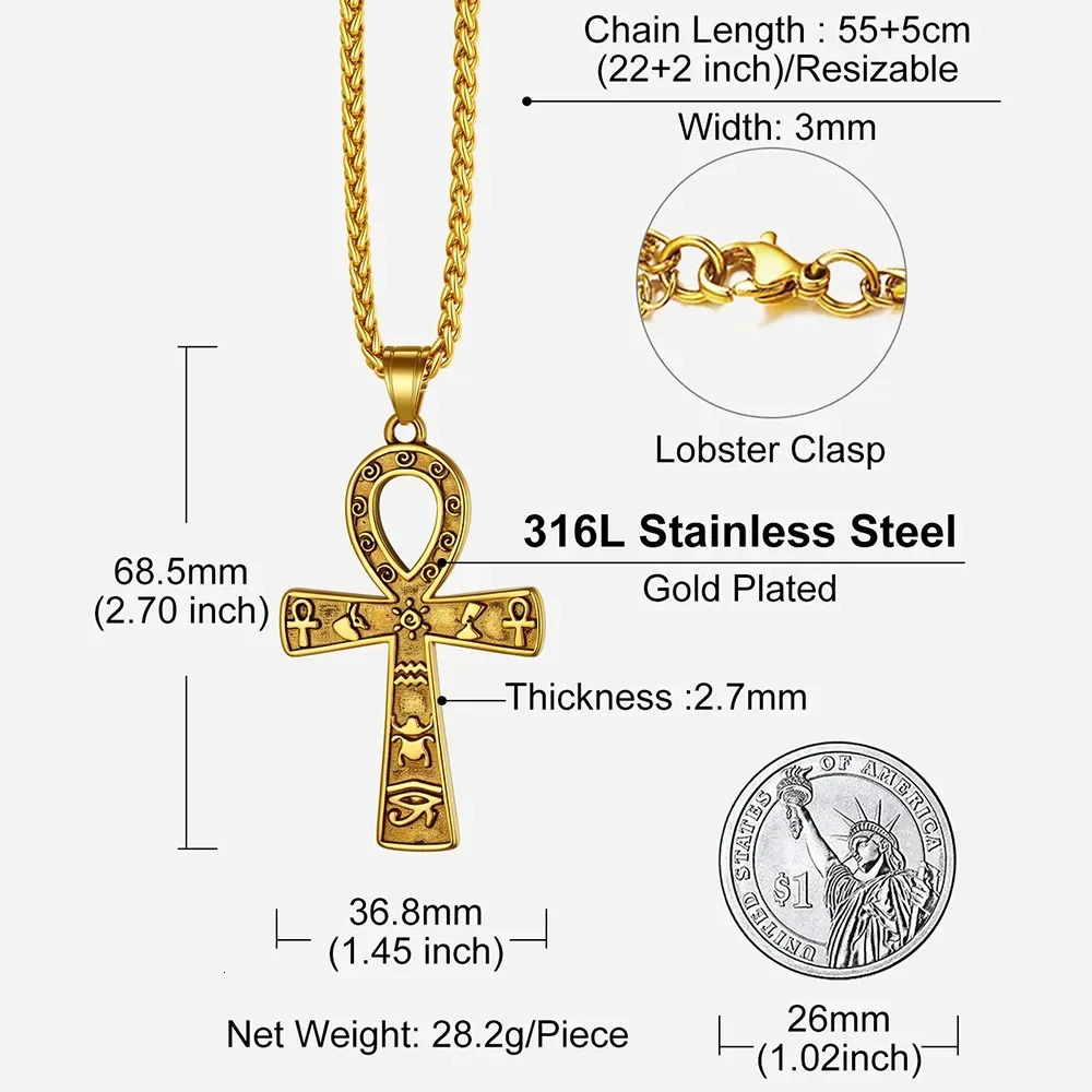 U7 Stainless Steel Ankh Cross Necklace for Men Women Eye of Horus m Link Chain Ancient Egyptian Life Symbol Religious Jewelry 251028