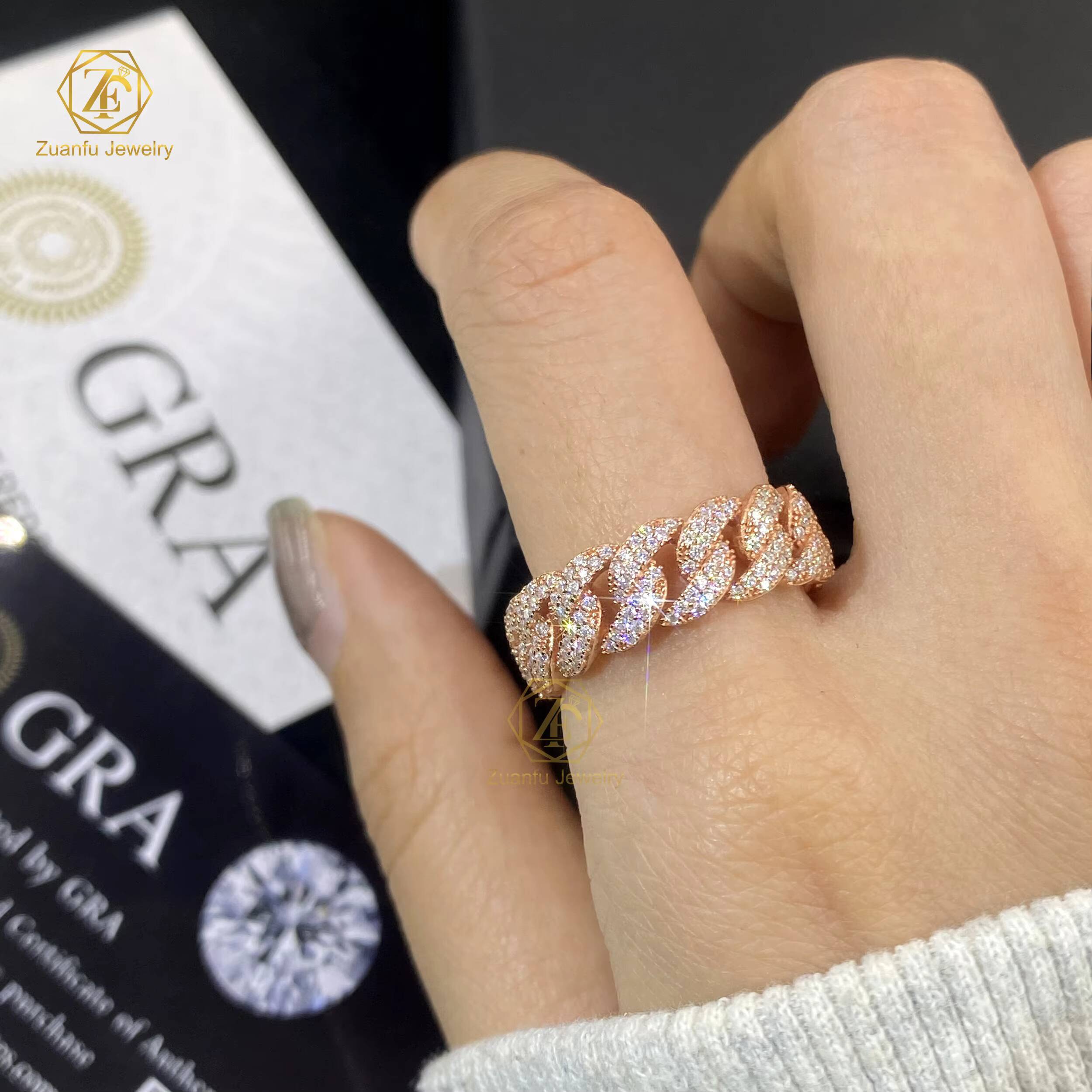 RTS Fashionable Wholesale Hip Hop Rhinestone Chain Ring Jewelry Moissanite Diamond 7mm Cuban Link Chain Band Ring for Men