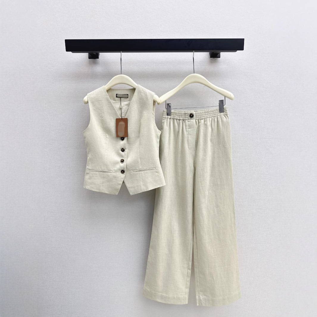 Two Piece Pants woman Designer Two Piece Pants for women Luxury Two Piece Pants Spring and Fall fashion casual cotton linen vest coat + wide leg pant suit