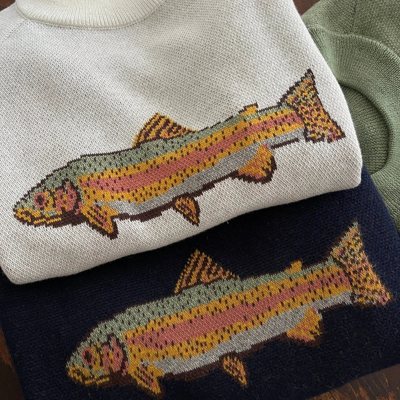 Women Autumn Winter Y2K Loose Fit Sweater Round Neck Aesthetic Fish Print Contrast Color Knitwear Pullover Top Streetwear 251028