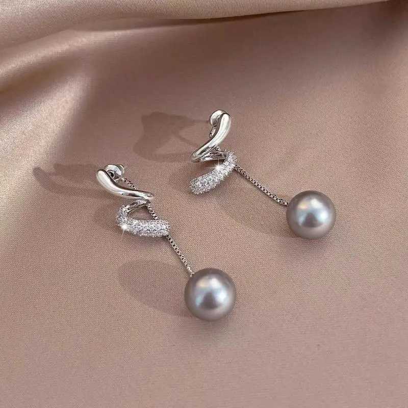 Light Luxury Niche Design Crystal Long Tassel Grey Pearl Dangle Earrings For Women Fashion Elegant Geometry Jewelry Gifts Y250401