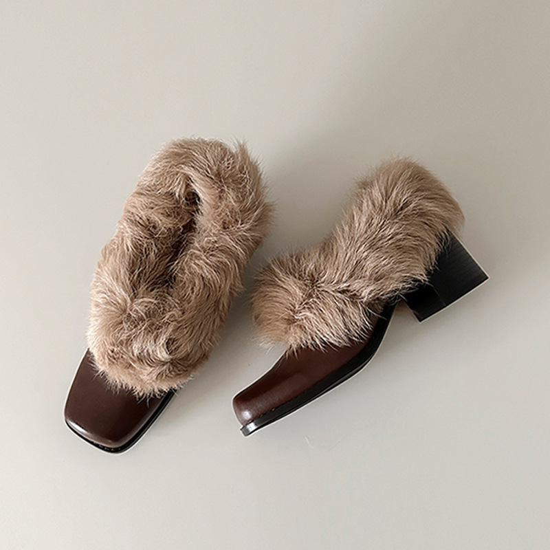 Cowhide version ~ square toe wool shoes one foot retro fleece warmth Mary Jane small leather shoes cotton shoes thick heel shoes