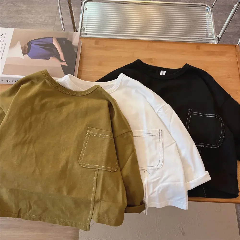 Mens long sleeved Tshirt springsummer Korean style childrens solid color irregular bottom shirt baby autumn inner top 250325z