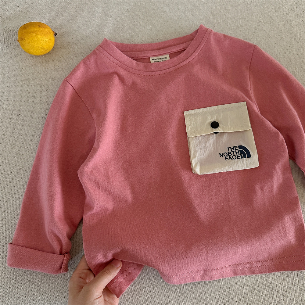 kids designer clothes 2025 New Kids Long Sleeve T-Shirt, 100% Cotton Solid Color Top with Pocket, Spring Autumn Casual Base Layer for Boys and Girls