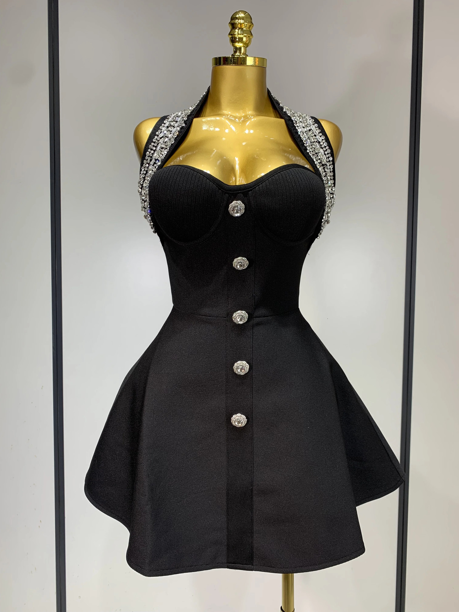 Fashion Women Party Dress Halter Sleeveless Backless Sparkly Rhinestone Bandage Dresses Elegant Evening Club Wear 251028