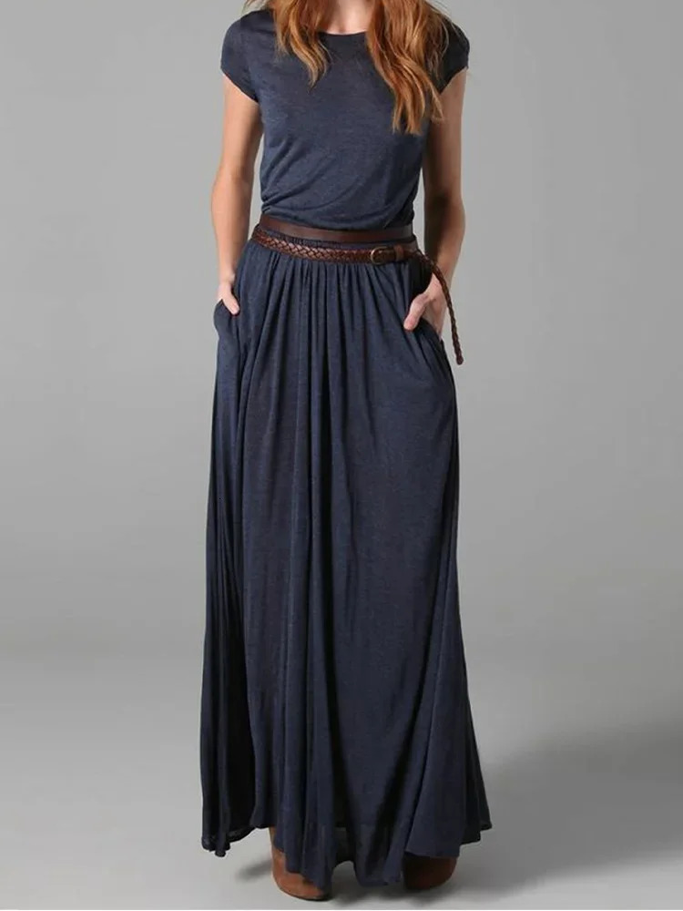 Plus size retro round neck dress short sleeved minimalist casual summer womens bag pleated long skirt 2024 250402m