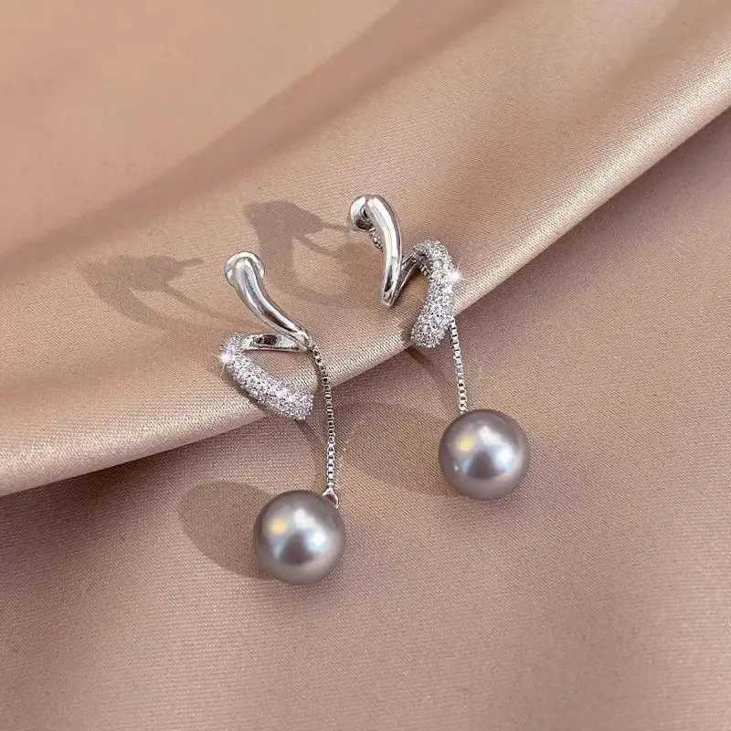 Light Luxury Niche Design Crystal Long Tassel Grey Pearl Dangle Earrings For Women Fashion Elegant Geometry Jewelry Gifts Y250401