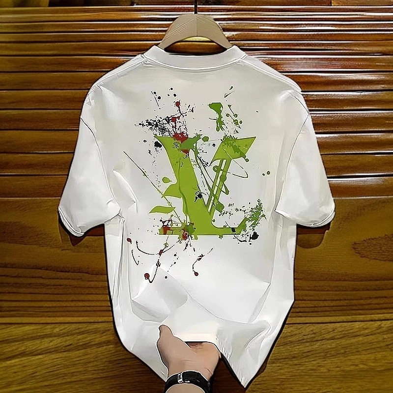 Designer short sleeve fashion pure cotton summer new men's printed T-shirt Trend casual round neck T-shirt men plus size black white