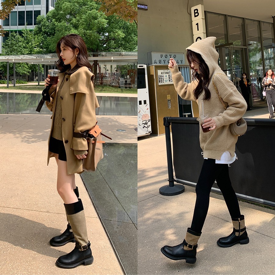 Fashionable retro color blocking design belt buckle Martin boots autumn and winter new thick heel genuine leather women's boots sexy luxury desig