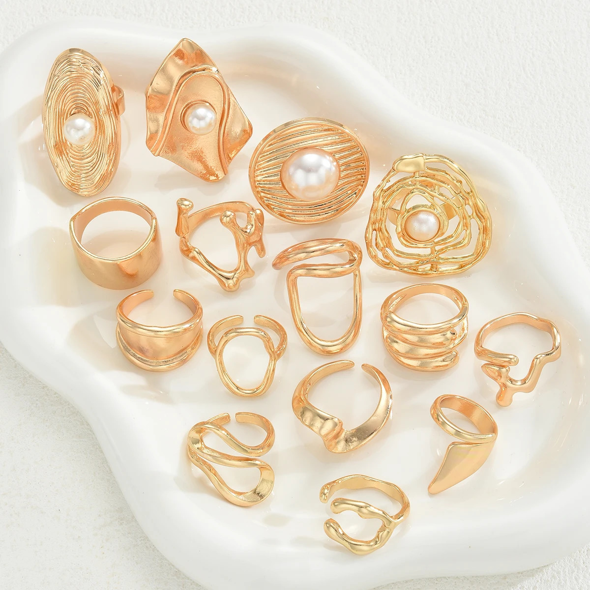 15pcs Punk Smooth Geometric Open Rings Set For Women Exaggerated Asymmetrical Gold Color Floral Thick Chunky Rings Party Jewelry 251031