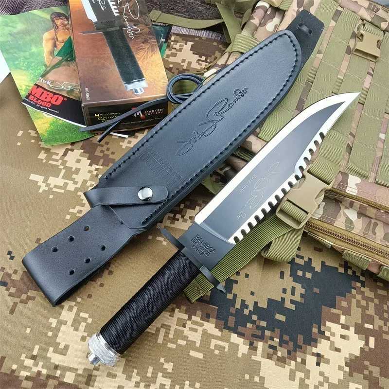 Tactical Rambo II Survival Knife 420 Steel Tube Packaging Paraflow Handle 9Cr8Mov Blade Outdoor Hunting and Rescue Fixed BladeW250402