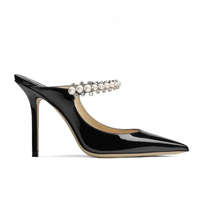 Chic Women High Heels Black Nude Golden Genuine Leather Mules Glittery Slides Crystal Strap Mesh Pumps Lady Flat Shoes Tulle Sandals