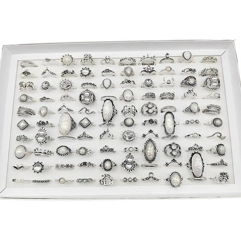 50pcsLot Wholesale Big Opal Carved Finger Rings for Women Party Beauty Crystal Flower Moon Sun Skull Crown Bar Jewelry 251031