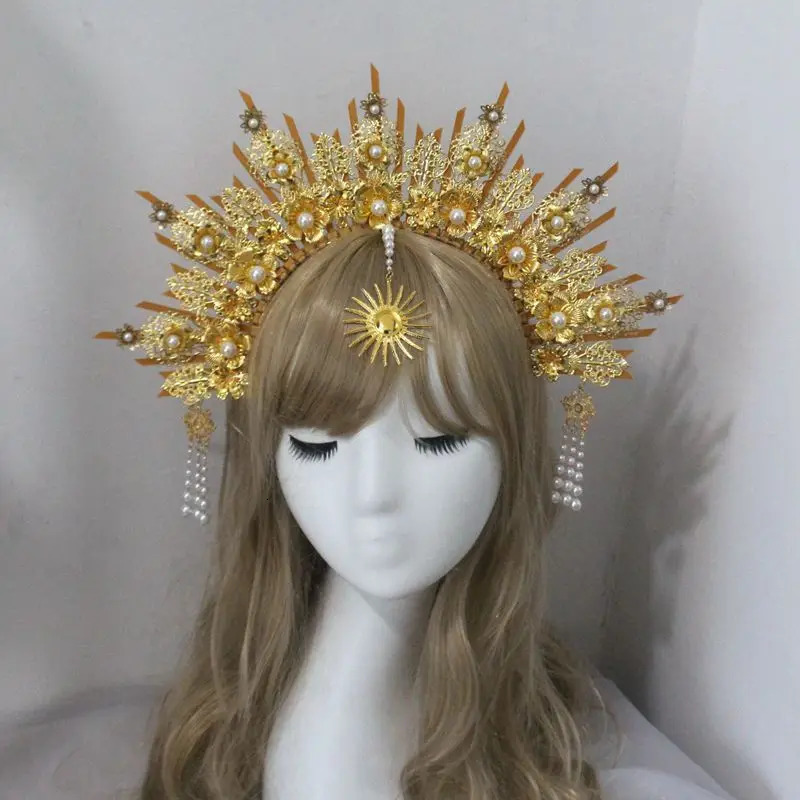 Gold Halo Headband Sun Godmothers Crown Tiaras Headpiece Virgin Mary Gothic Headwear Fairy Goddess Hair Accessories 250327