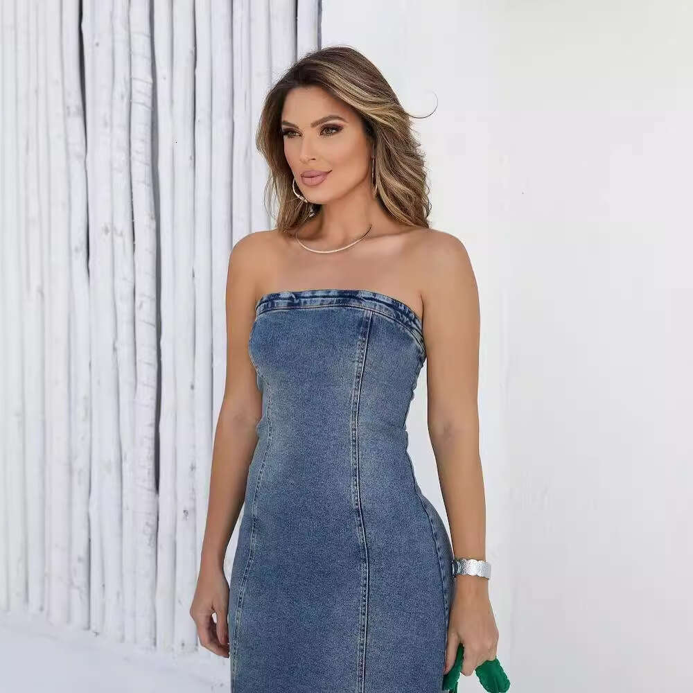 2024 Summer New European And American Amazon Cross-Border Women's Fashion Pure Desire Style Elastic Denim Strapless Dress D6da B07d 02c6