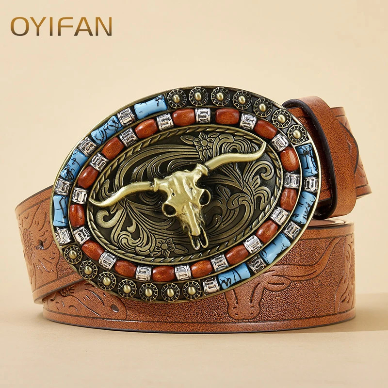 Womens Cowboy Belt Western Leather Buckle Belts Cowboy Longhorn Bull Pattern Buckle Belt Floral Engraved Buckle Belt for Men 250324