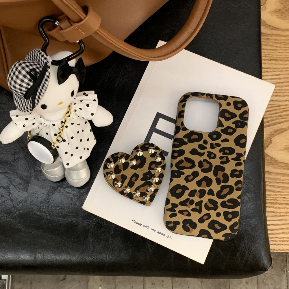 Leopard Print Rivet Heart Stand Phone Case Compatible with iPhone 17/16/15 Simple Shockproof iPhone 14 Cartoon 13
