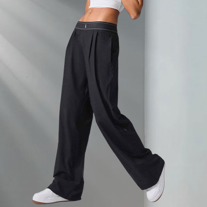 Women's Black Yoga Straight Leg Pants Fashion Elastic Waist Low-Rise Wide Leg Extra Long Trousers Trendy Streetwear Luxury Designer High-Quality 