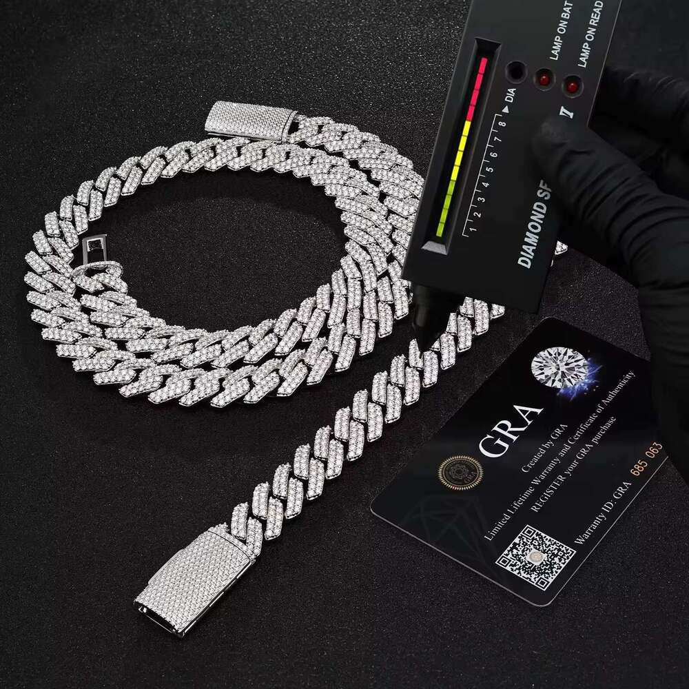 Iced Out Hip Hop 14mm Wide 2 Rows Vvs Mossanite Sterg Sier Cuban k Chain
