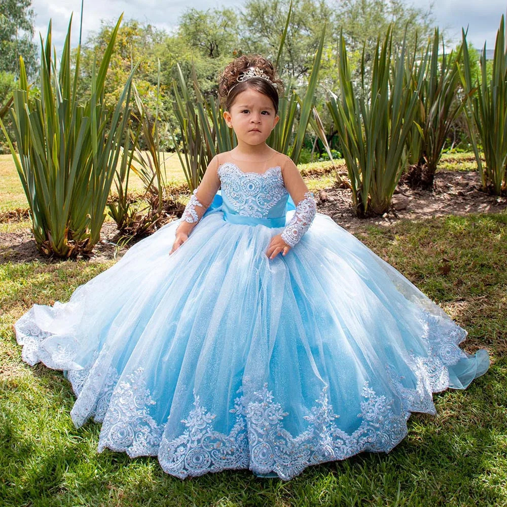 Long sleeved floral girl wedding dress for weddings childrens satin bow ball dress Pageant dress Sparkly 1st Communion Party dress 250402 - view 3