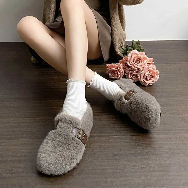 Real Rabbit Fur Flats Wen Winter Fluffy Cotton Loafers Ladies Barefoot Shoes Warm Cold-Proof Mocasines Mujer Plush Furry Boots Y251103