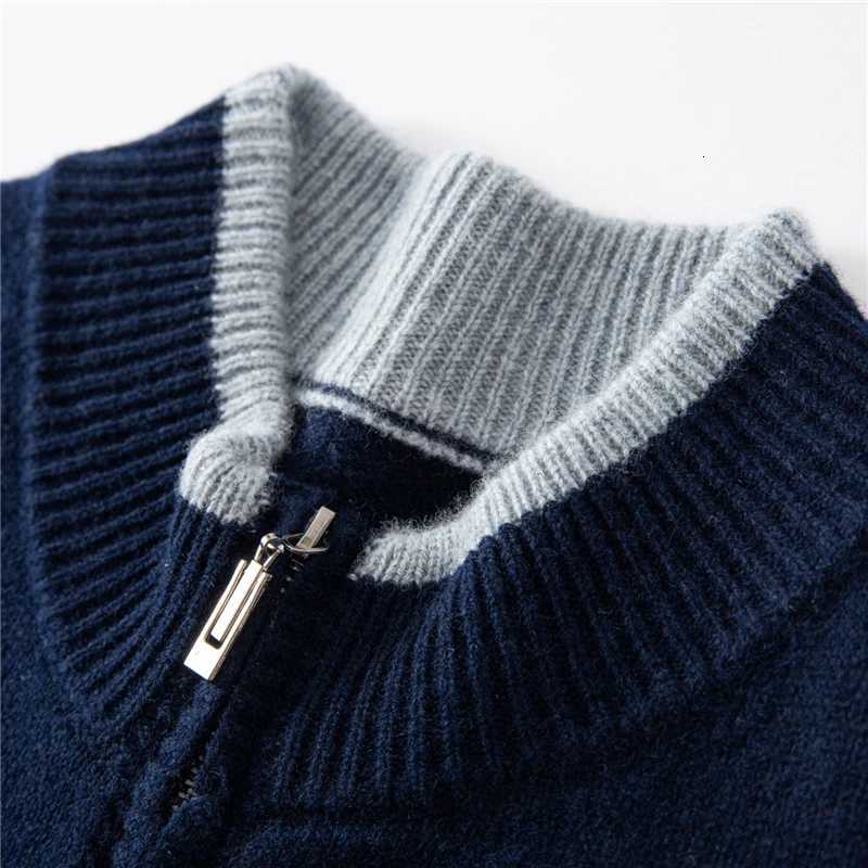100 Wool Cardigan for Men Half Turtleneck Zipper Color Block Thickened Sweater Business Casual Outerwear Knitted JacketT251103