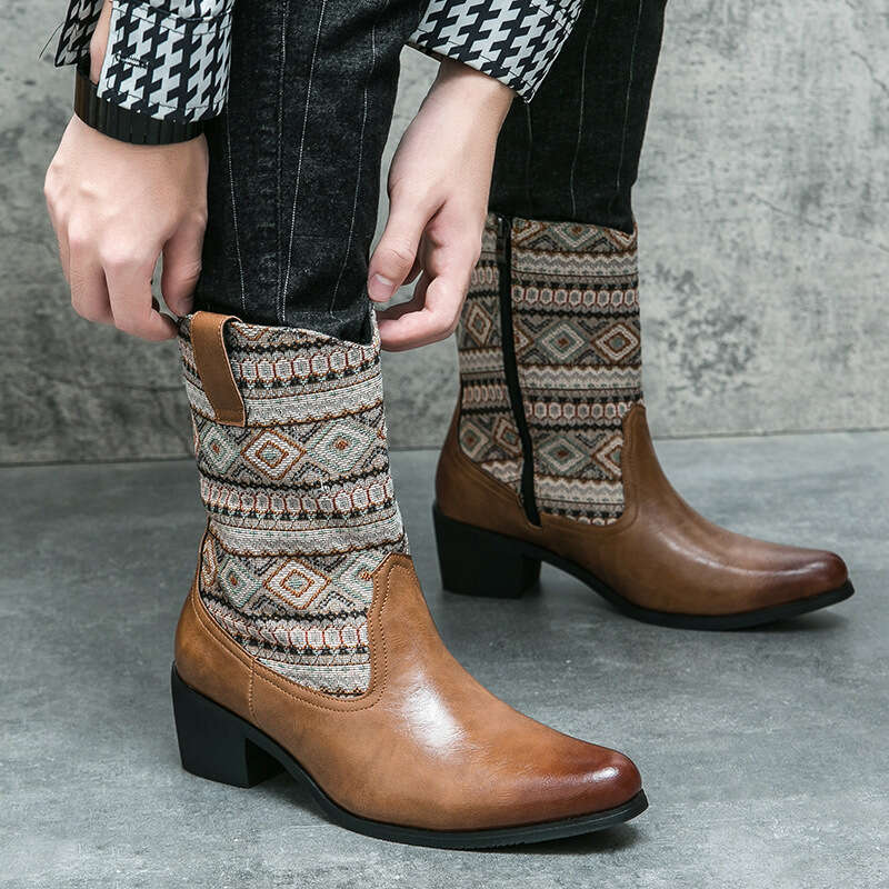Large high-heeled denim for men, size 38-146, Western style embroidered leather boots, 2023 autumn/winter new short leg men's boots