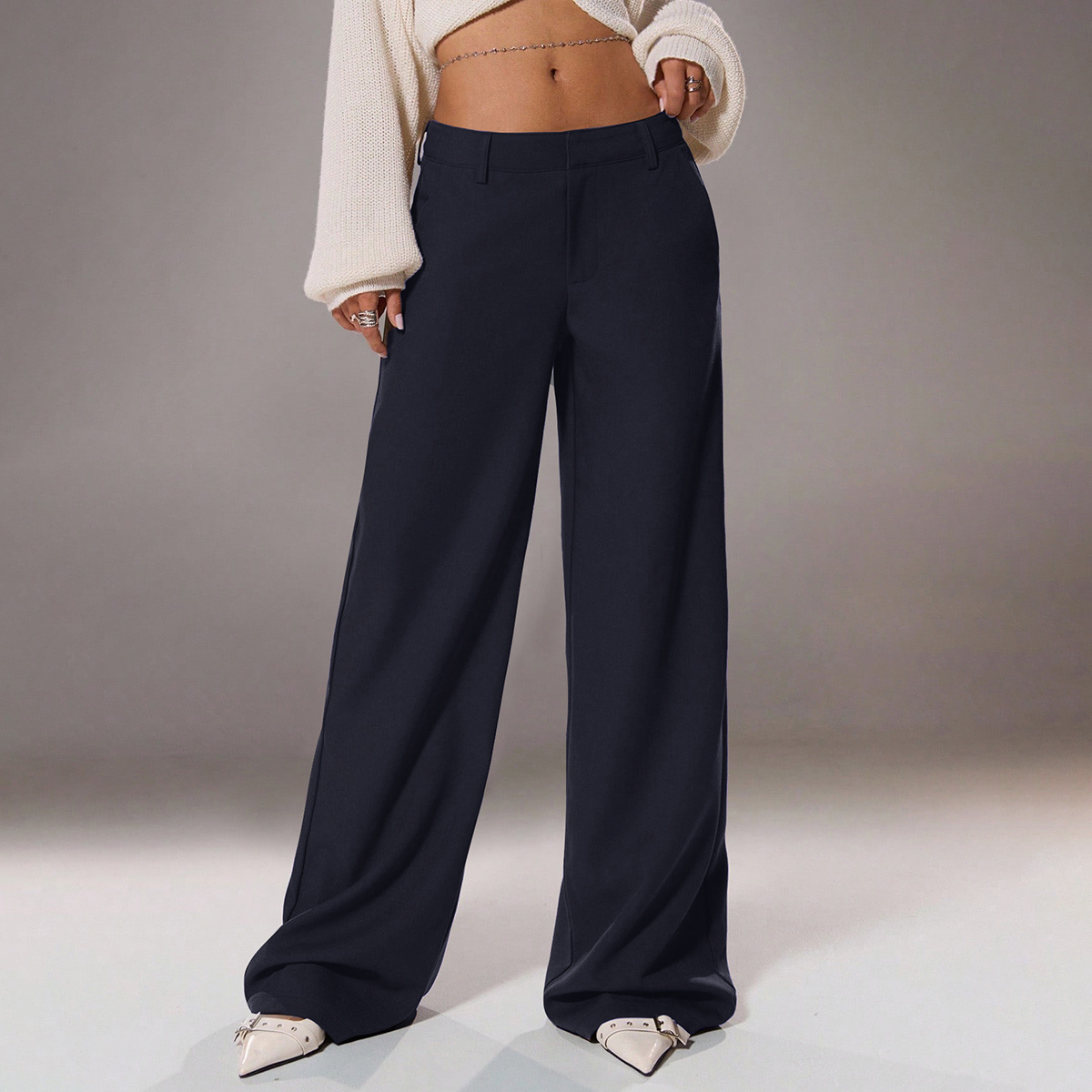 Eco-Friendly Natural Fiber High Waist Slacks Featuring Functional Buttons Perfect Match for Professional Outfits---112